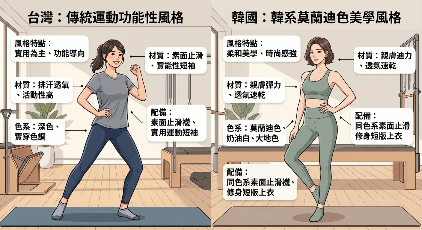 台灣 vs 韓國皮拉提斯穿搭風格對比圖，左側台灣傳統運動功能性風格，右側韓系莫蘭迪色美學風格