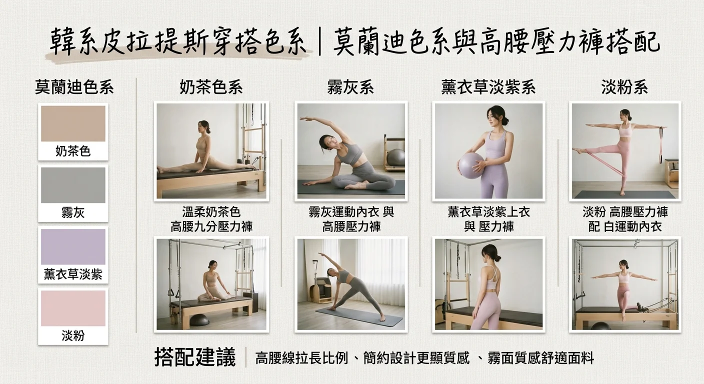 韓系皮拉提斯穿搭色系 mood board，展示莫蘭迪色系（奶茶色、霧灰、薰衣草淡紫、淡粉）搭配高腰線壓力褲的視覺排列