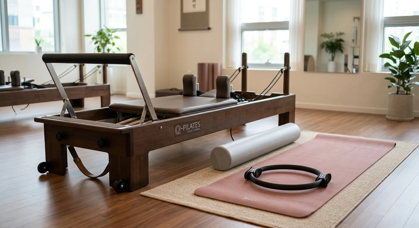韓國皮拉提斯工具一覽圖，展示 Reformer 器械床、魔力圈 Pilates Circle、泡沫軸和瑜珈墊的整體排列