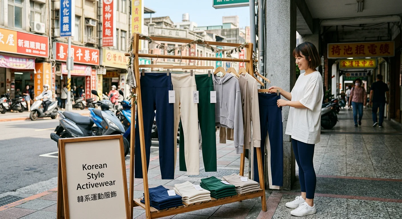 韓系運動服飾風格展示圖，包含多款不同配色的瑜珈褲（深藍、奶油色、森林綠），排列整齊，旁邊配上台灣街頭城市背景，展現韓系設計感