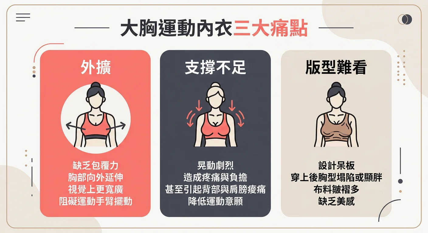 大胸運動內衣三大痛點資訊圖，三個色塊分別標示「外擴」「支撐不足」「版型難看」，每個色塊含圖示（向外箭頭/下垂線條/皺褶布料）和簡短說明文字，配色使用珊瑚粉、深灰與淺米色，風格清晰簡潔