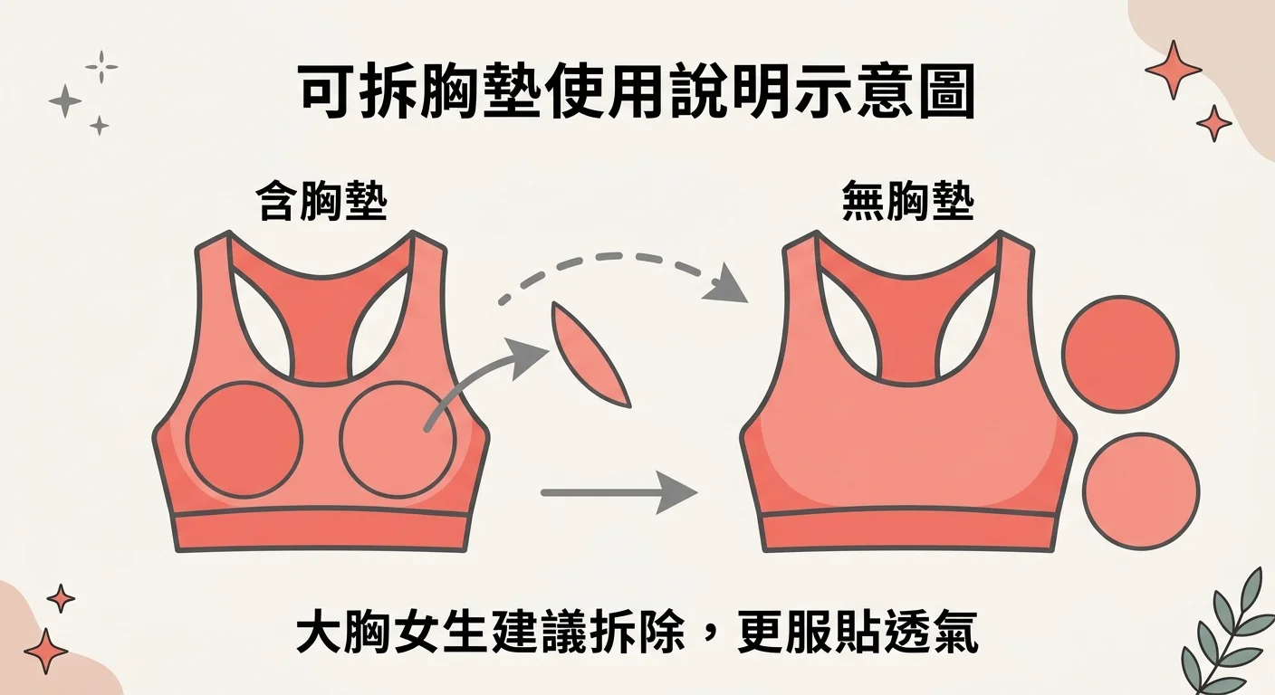 可拆胸墊使用說明示意圖：左側顯示有胸墊的內衣（標示「含胸墊」），右側顯示拆除胸墊後的同款內衣（標示「無胸墊」），中間以虛線箭頭連接，下方附上文字說明「大胸女生建議拆除，更服貼透氣」，扁平插圖風格，珊瑚粉與灰色配色