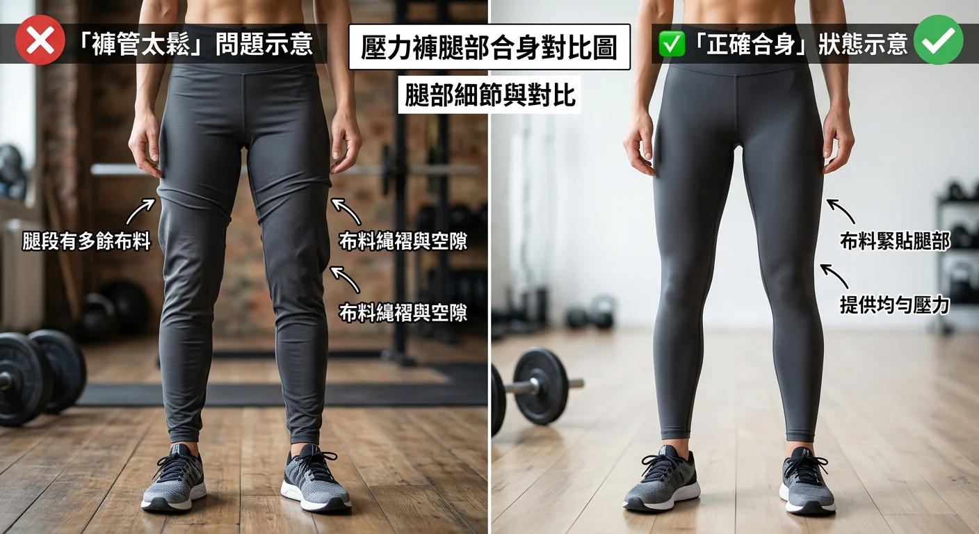 壓力褲腿部合身對比圖，左側是「褲管太鬆」的問題示意（腿段有多餘布料），右側是「正確合身」的狀態（布料緊貼腿部），搭配文字標示