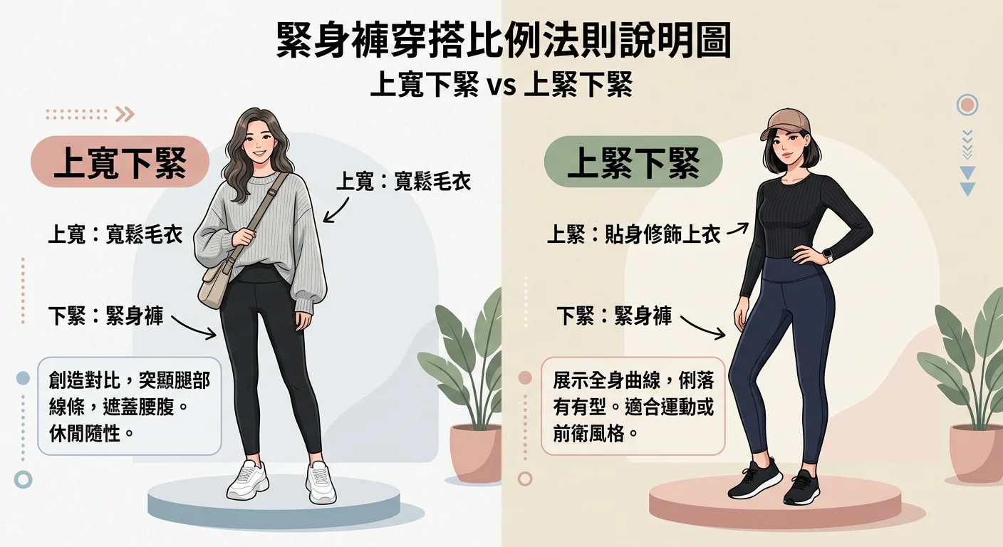 緊身褲穿搭比例法則說明圖——上寬下緊 vs 上緊下緊兩種組合對比展示