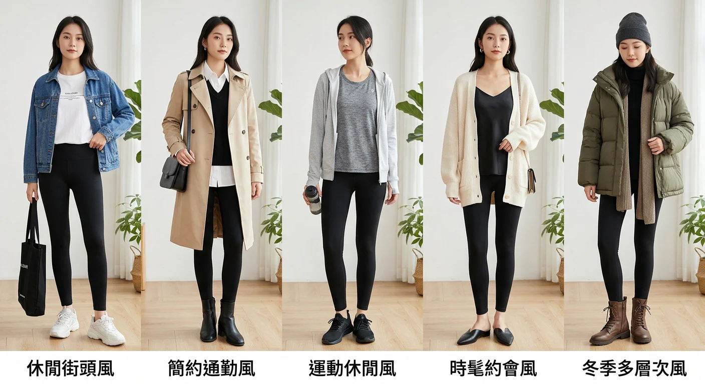 黑色緊身褲 5 套穿搭拼圖展示，5 套並排，每套標注風格名稱