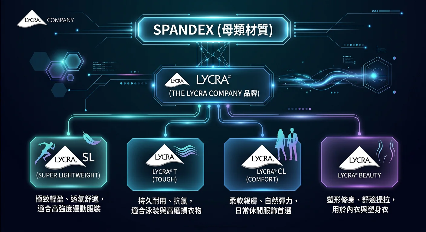 Lycra 品牌家族樹狀圖，頂端為「Spandex（母類材質）」，下方分支為「Lycra（The Lycra Company 品牌）」，再下方展開四個分支：SL、T、CL、Beauty，各分支下方有簡短特性說明，品牌主色科技風格深色背景