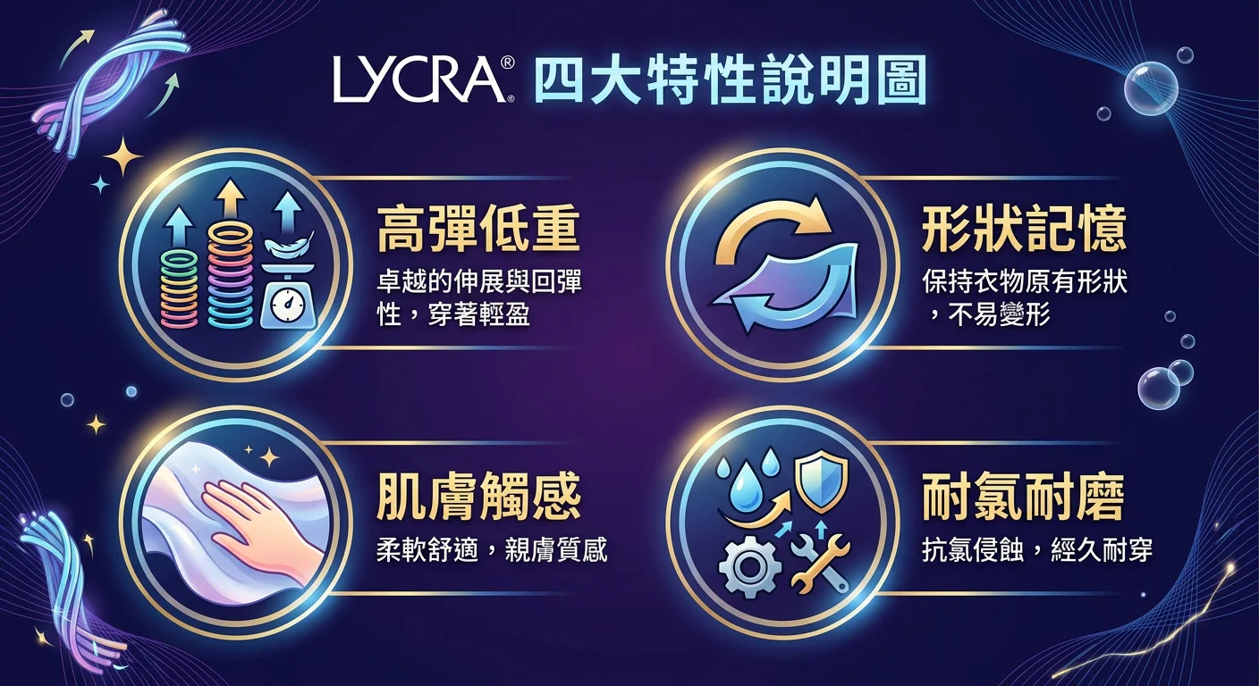 Lycra 四大特性說明圖，四個圓形圖標排列：左上「高彈低重」（彈簧圖示）、右上「形狀記憶」（回復箭頭圖示）、左下「肌膚觸感」（手觸碰布料圖示）、右下「耐氯耐磨」（水滴 + 齒輪圖示），深色品牌主色背景