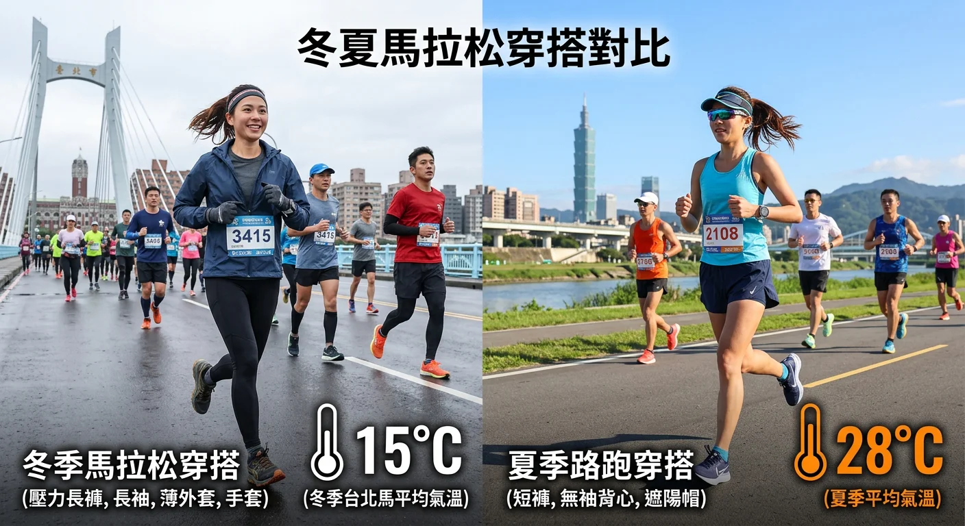 冬夏兩種馬拉松穿搭對比圖：左側冬季台北馬穿搭（壓力長褲＋長袖＋薄外套），右側夏季路跑穿搭（短褲＋無袖背心），溫度標示清晰
