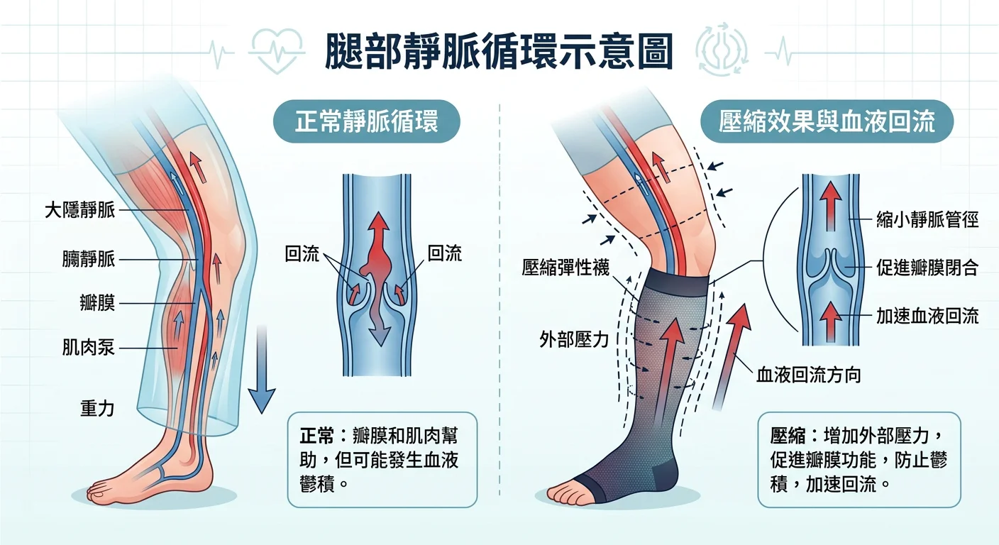 腿部靜脈循環示意圖，顯示壓縮效果和血液回流方向