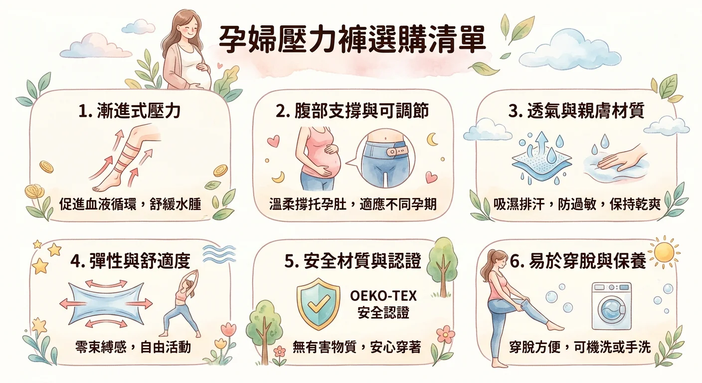 孕婦壓力褲選購清單插圖，六個選購指標，溫和柔和的色調