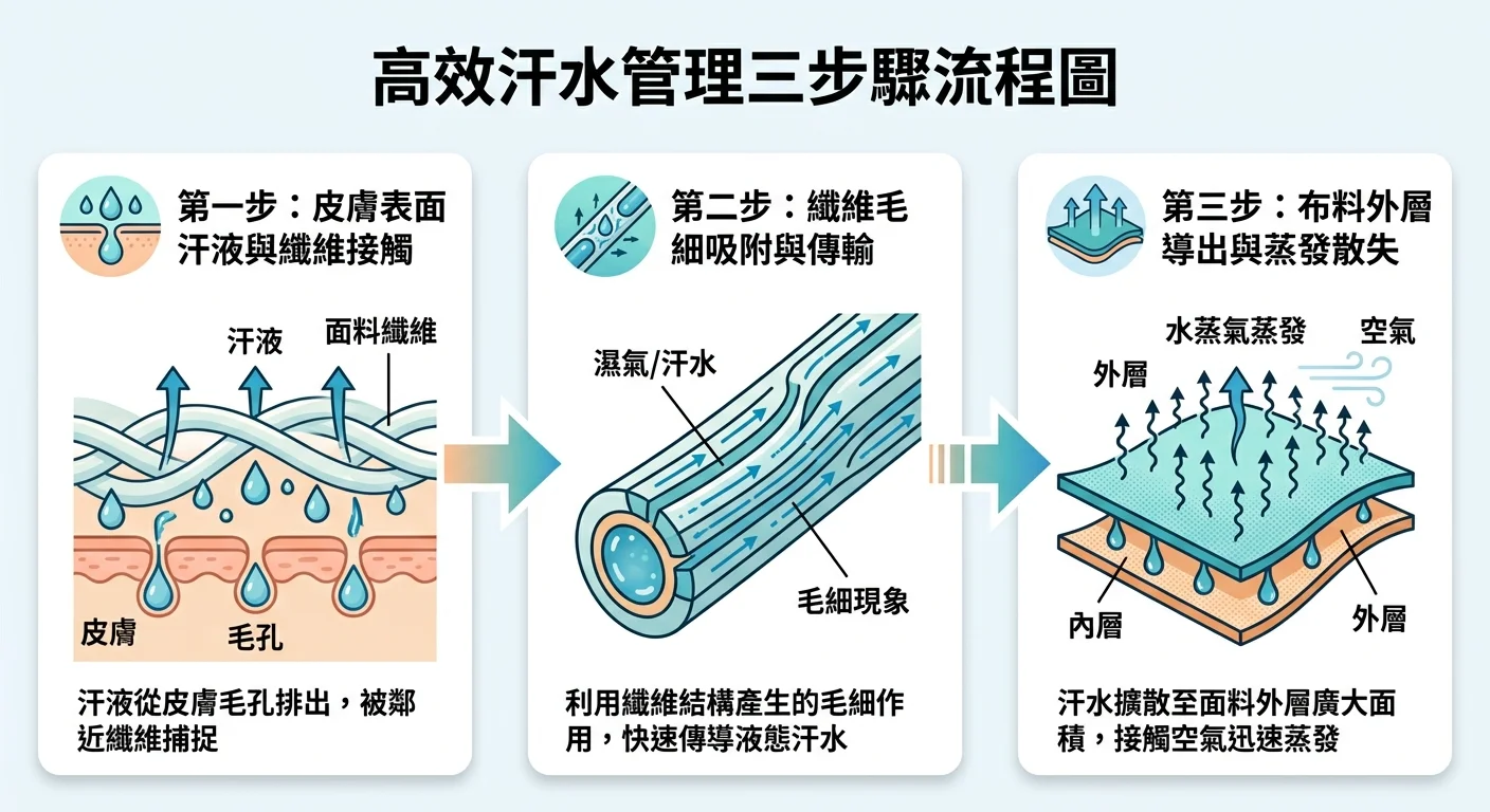 汗水管理三步驟流程圖：皮膚表面汗液→纖維毛細吸附→布料外層導出→蒸發散失，三段箭頭流程圖搭配纖維截面示意