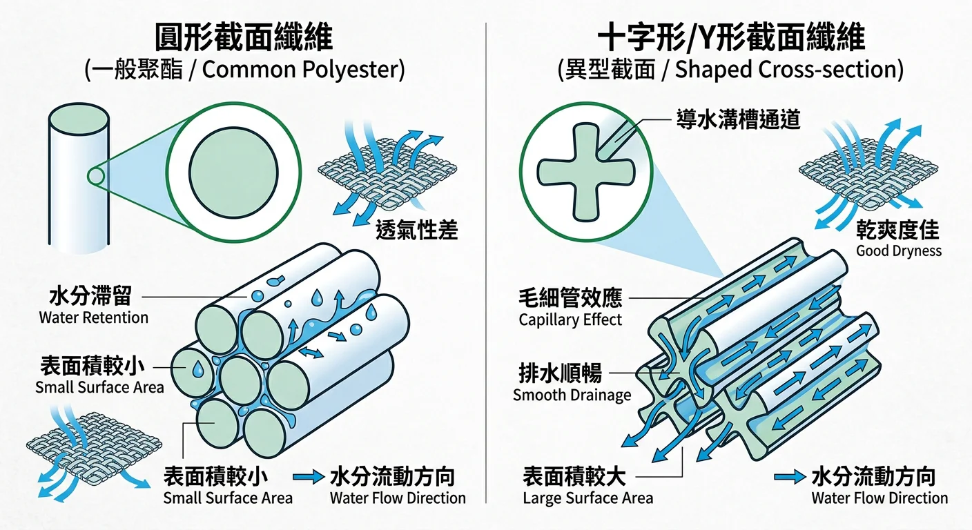 纖維截面對比圖，左側圓形截面纖維（一般 Polyester）與右側十字形/Y形截面纖維放大示意，顯示導水溝槽通道差異，箭頭標示水分流動方向