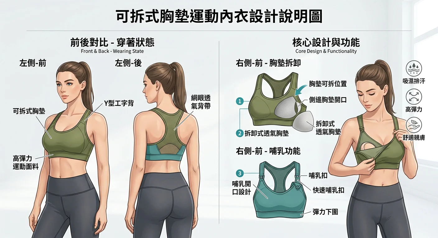 可拆式胸墊運動內衣設計說明圖，前後對比，清楚標示胸墊可拆位置與哺乳開口設計，畫面乾淨清晰