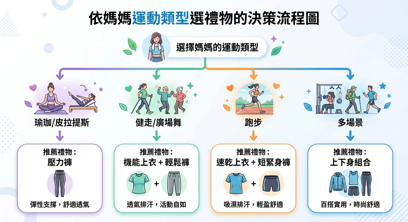 依媽媽運動類型選禮物的決策流程圖：瑜珈/皮拉提斯→壓力褲；健走/廣場舞→機能上衣+輕鬆褲；跑步→速乾上衣+短緊身褲；多場景→上下身組合，乾淨的資訊圖設計