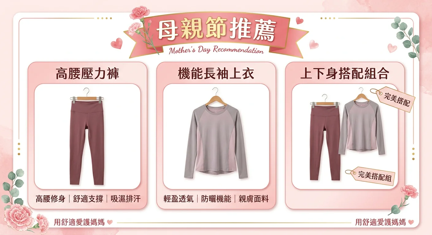 母親節推薦商品圖卡，呈現 3 款商品：高腰壓力褲、機能長袖上衣、上下身搭配組合，商品以乾淨白底呈現，配上「母親節推薦」標籤，溫柔粉色調設計