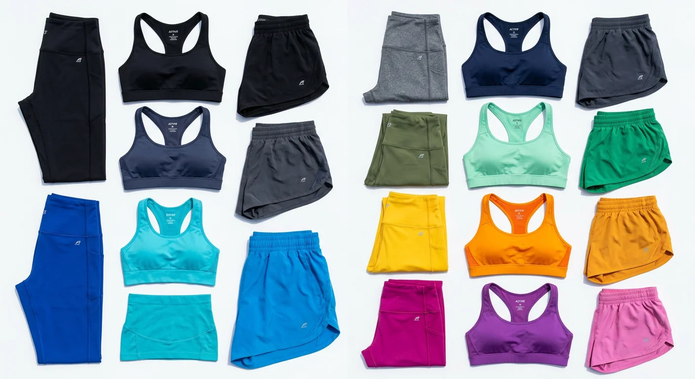 整齊陳列的運動服飾品項,壓縮褲、運動內衣、短褲等,明亮白底拍攝,各色系排列整齊