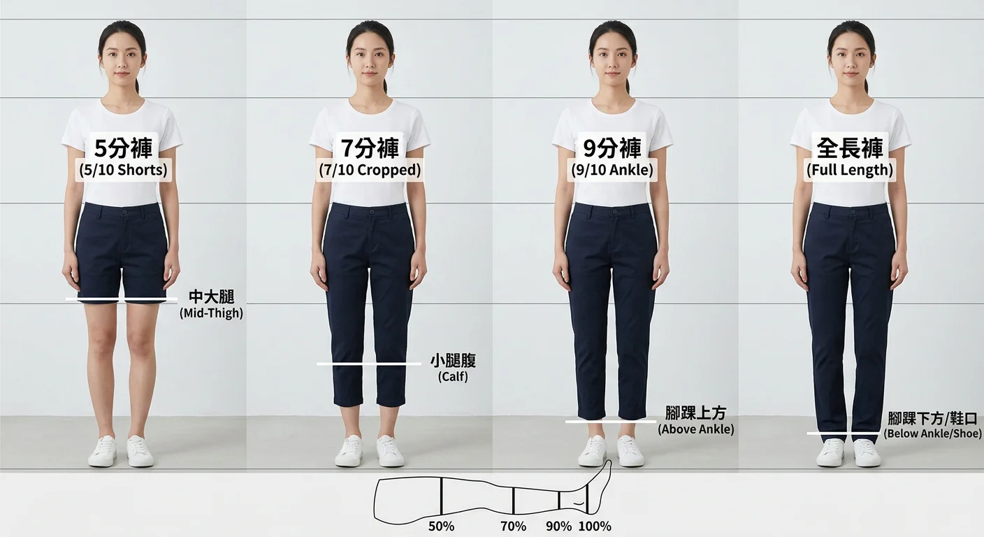 不同褲長比例對照圖——5分/7分/9分/全長四款並排比較,清楚標示每款落在腿部的位置