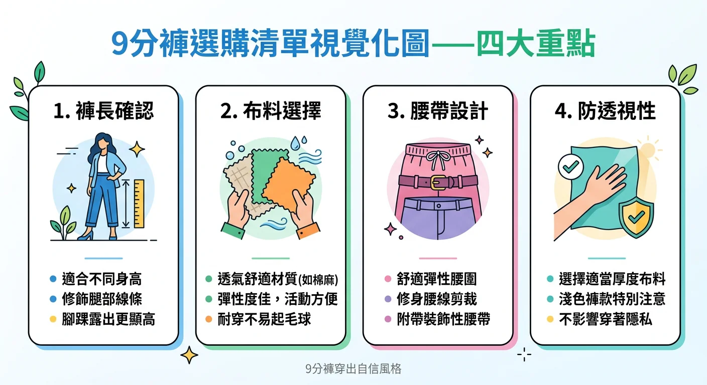 9分褲選購清單視覺化圖——四大重點(褲長確認/布料選擇/腰帶設計/防透視性)以圖標說明,白色背景扁平設計