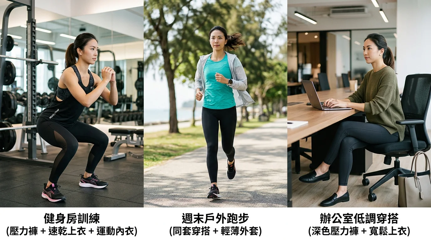 三個場景並列：左為健身房訓練（壓力褲 + 速乾上衣 + 運動內衣），中為週末戶外跑步（同套穿搭 + 輕薄外套），右為辦公室低調穿搭（深色壓力褲 + 寬鬆上衣），三場景下方標示說明文字