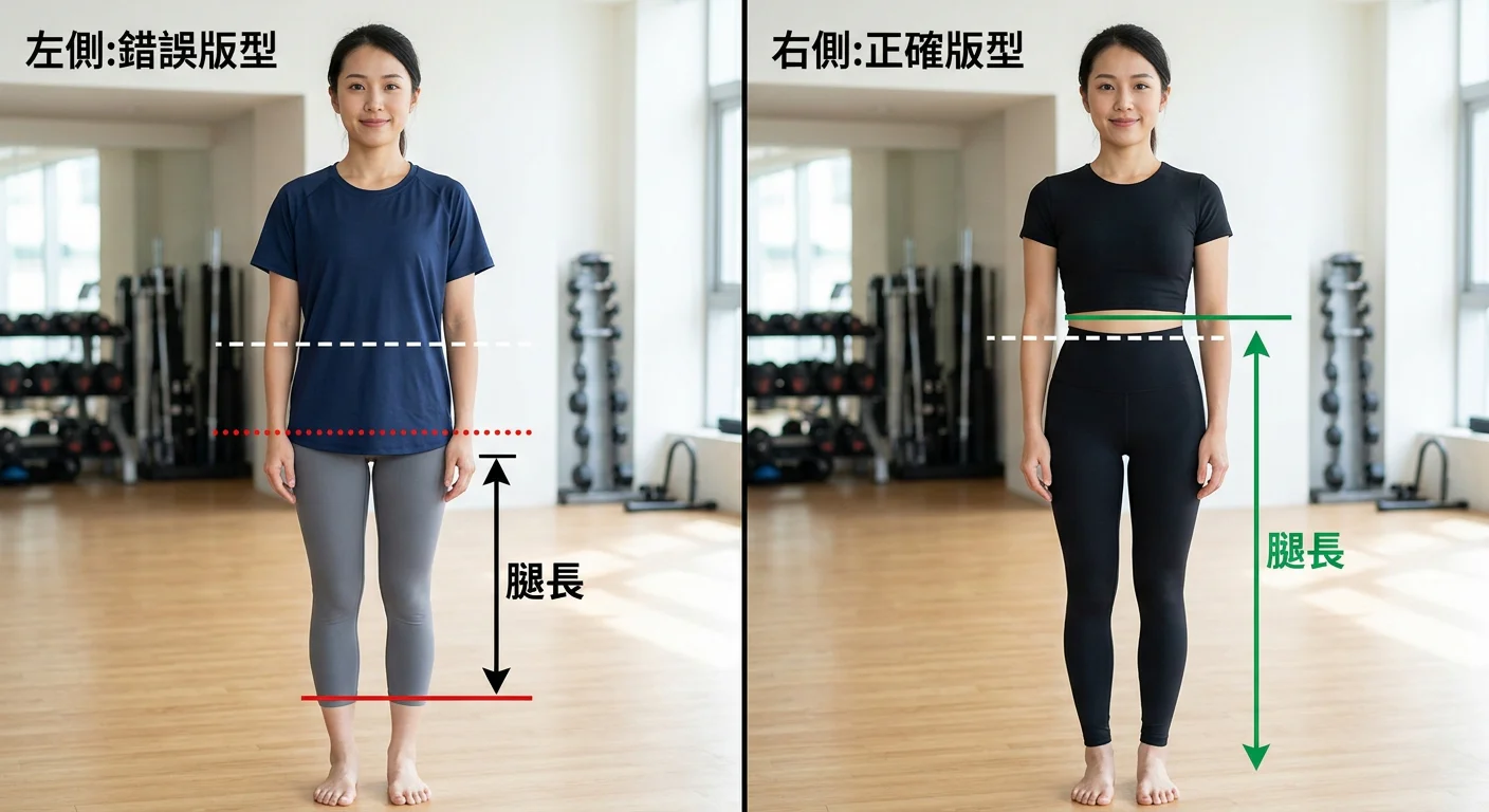 矮個子運動穿搭前後對比圖：左側是低腰七分褲搭配深色上衣的「錯誤版型」，右側是高腰全長壓力褲搭配短版上衣的「正確版型」，兩者視覺比例差異明顯，用線條示意腿長視覺效果