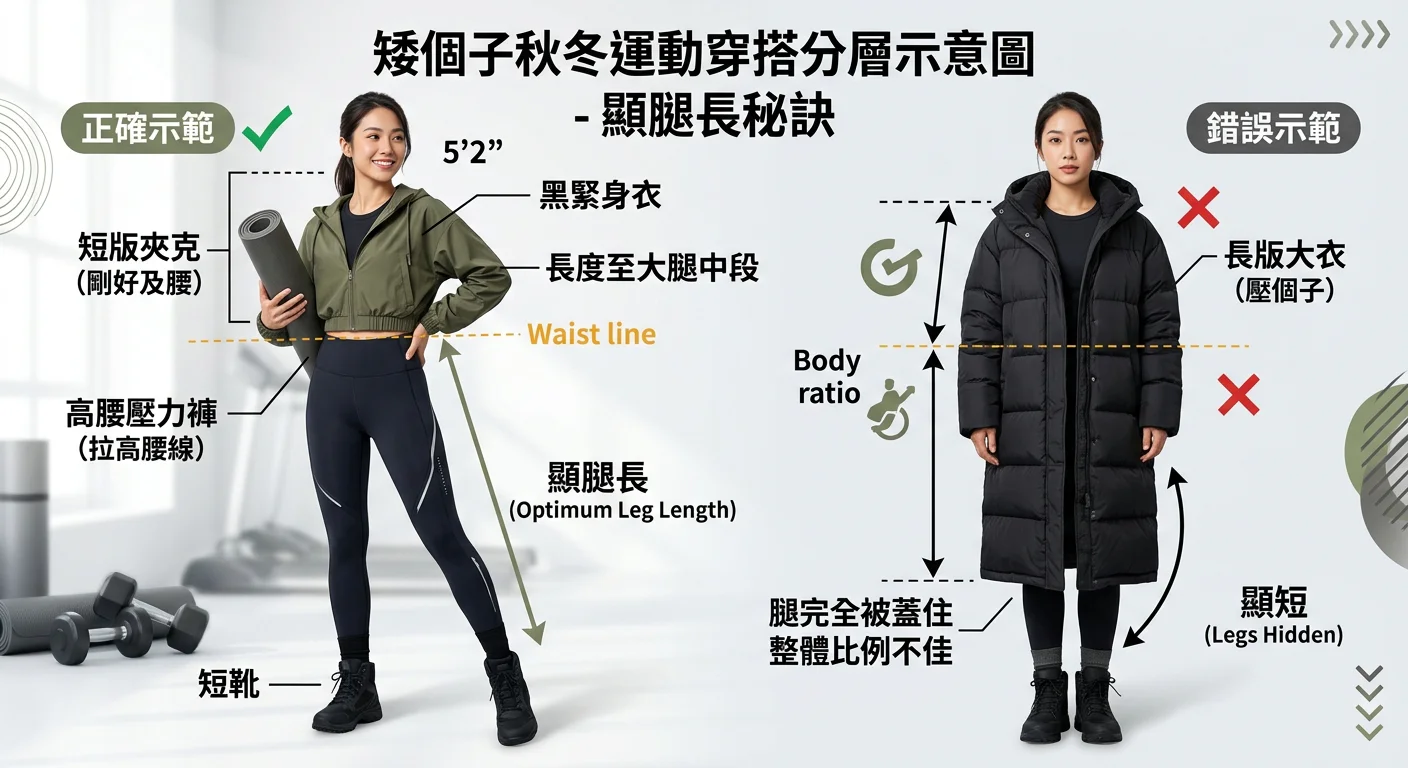 矮個子秋冬運動穿搭分層示意圖：高腰壓力褲搭配短版夾克+短靴，外套長度到大腿中段，整體比例呈現腿長感；旁邊對比長版大衣的「錯誤示範」，腿完全被蓋住