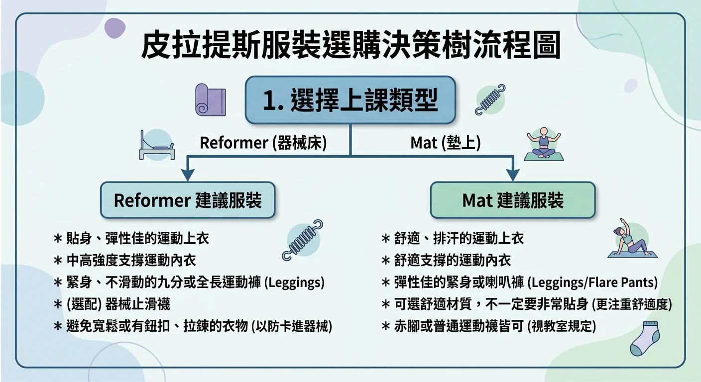 皮拉提斯服裝選購決策樹流程圖,從「上課類型」出發分為 Reformer 和 Mat 兩個分支,各自列出建議服裝條件