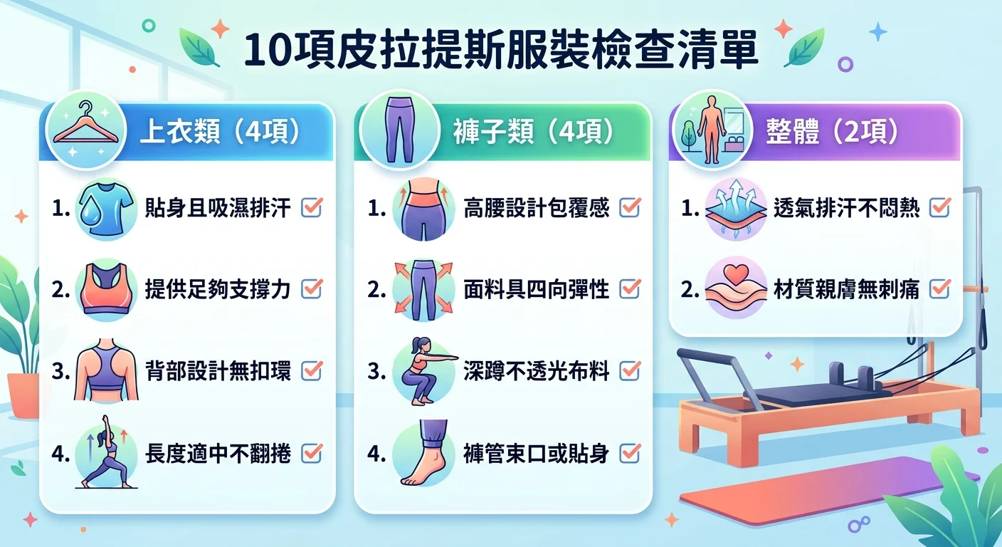 10 項皮拉提斯服裝檢查清單視覺化卡片,分為上衣類(4 項)和褲子類(4 項)和整體(2 項)三組,每項有核對圖示
