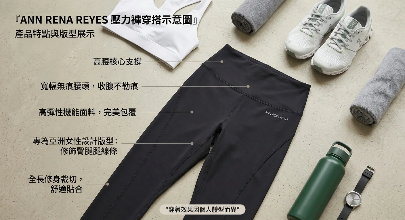 ANN RENA REYES 壓力褲穿搭示意圖,展示高腰設計細節與亞洲版型視覺效果,flat lay 或穿著示意圖