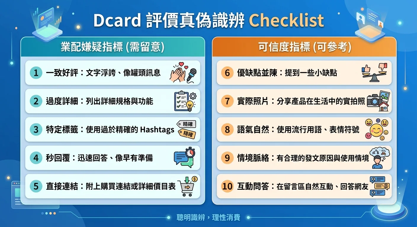 dcard 評價真偽識辨 checklist 視覺卡片，10 個識辨項目分為「業配嫌疑指標」和「可信度指標」兩組，每項有圖示