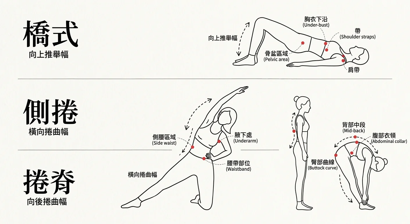 皮拉提斯常見動作(橋式、側捲、捲脊)的動作幅度示意圖,標示服裝壓力點位置,以線稿插圖方式呈現三個動作的人體輪廓