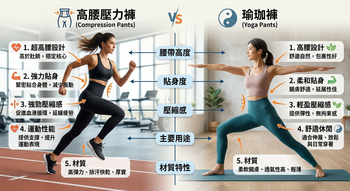 高腰壓力褲與瑜珈褲的對比比較圖,左右分欄呈現兩種褲款,標示腰帶高度、貼身度、壓縮感等關鍵差異點