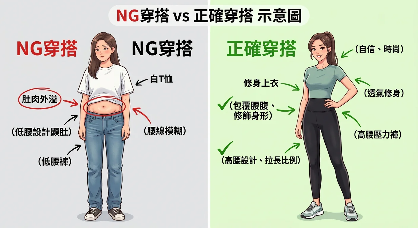 NG 穿搭 vs 正確穿搭的對比示意圖,左側呈現棉質T恤+低腰褲的錯誤示範,右側展示修身上衣+高腰壓力褲的正確穿搭,以插圖標示問題點