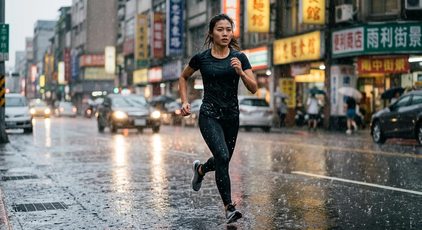 女性跑者在雨中奔跑，穿著速乾壓力褲和排汗上衣，雨滴打在衣服上清晰可見，表情專注堅定，背景是濕潤的城市街道
