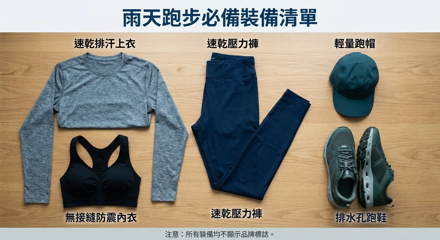 雨天跑步必備裝備清單示意圖：速乾壓力褲、無接縫防震內衣、速乾排汗上衣、輕量跑帽、排水孔跑鞋，整齊陳列