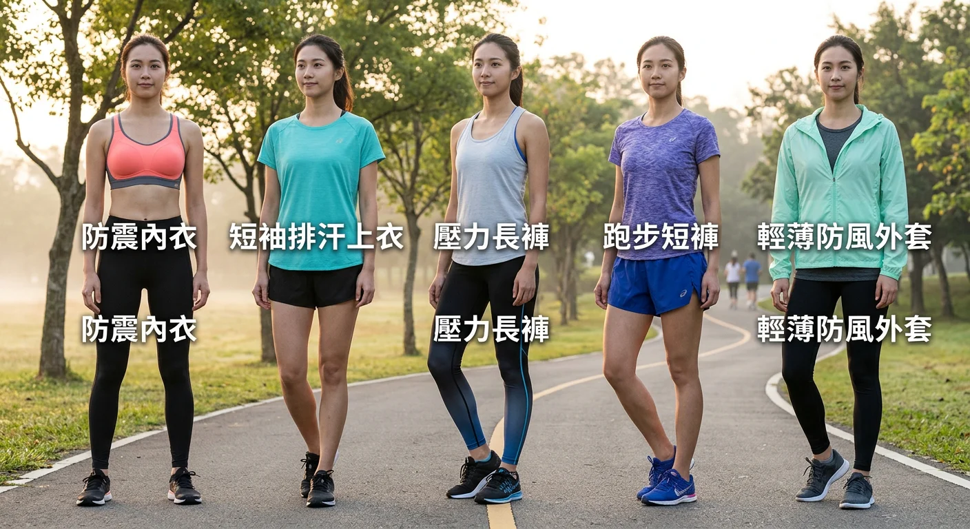 女生跑步服裝全品類排列示意圖，從左到右依序為防震內衣、短袖排汗上衣、壓力長褲、跑步短褲、輕薄防風外套，每件旁標示品類名稱，背景為清晨公園跑道