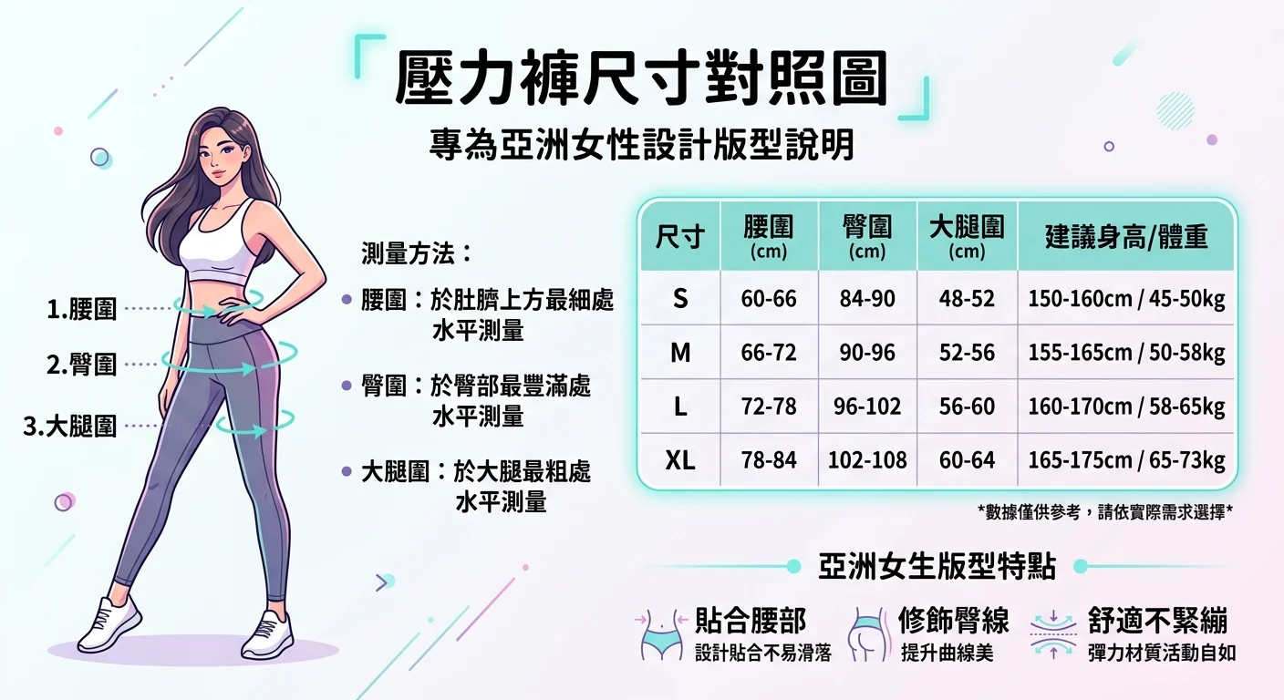 壓力褲尺寸對照圖，顯示腰圍、臀圍、大腿圍三個測量點的示意，搭配亞洲女生版型說明，簡潔線條插圖風格