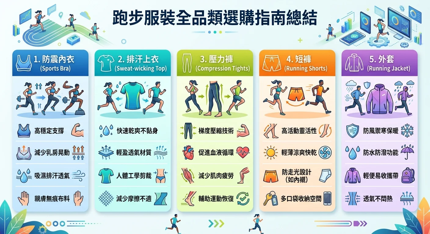 跑步服裝全品類選購指南總結資訊圖，列出五個品類（防震內衣/排汗上衣/壓力褲/短褲/外套）各自的核心選購要點，清晰的條列設計，品牌色系