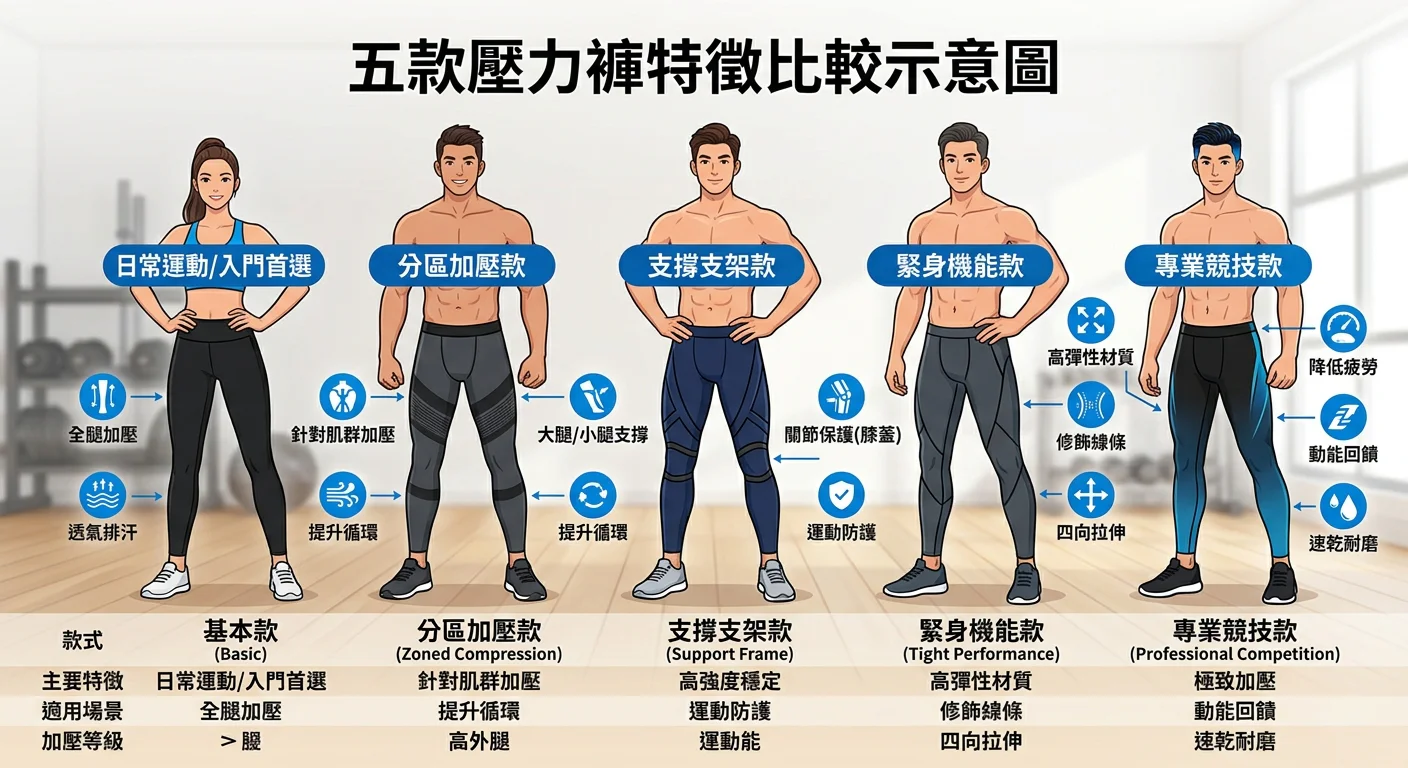 五款壓力褲並排比較示意圖，不同款式特徵標示