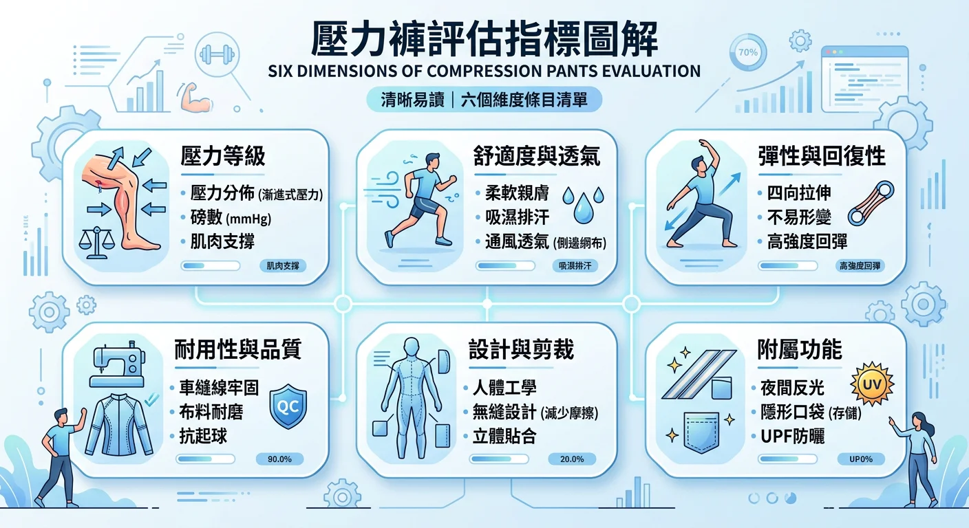 壓力褲評估指標圖解，六個維度條目清單，清晰易讀