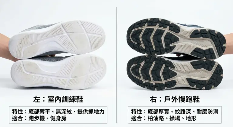 室內跑步機鞋 vs 戶外慢跑鞋底部對比圖——左：室內訓練鞋底部薄平無深紋，標注「適合：跑步機、健身房」；右：戶外慢跑鞋底部厚紋深，標注「適合：柏油路、操場」，白底清晰對比