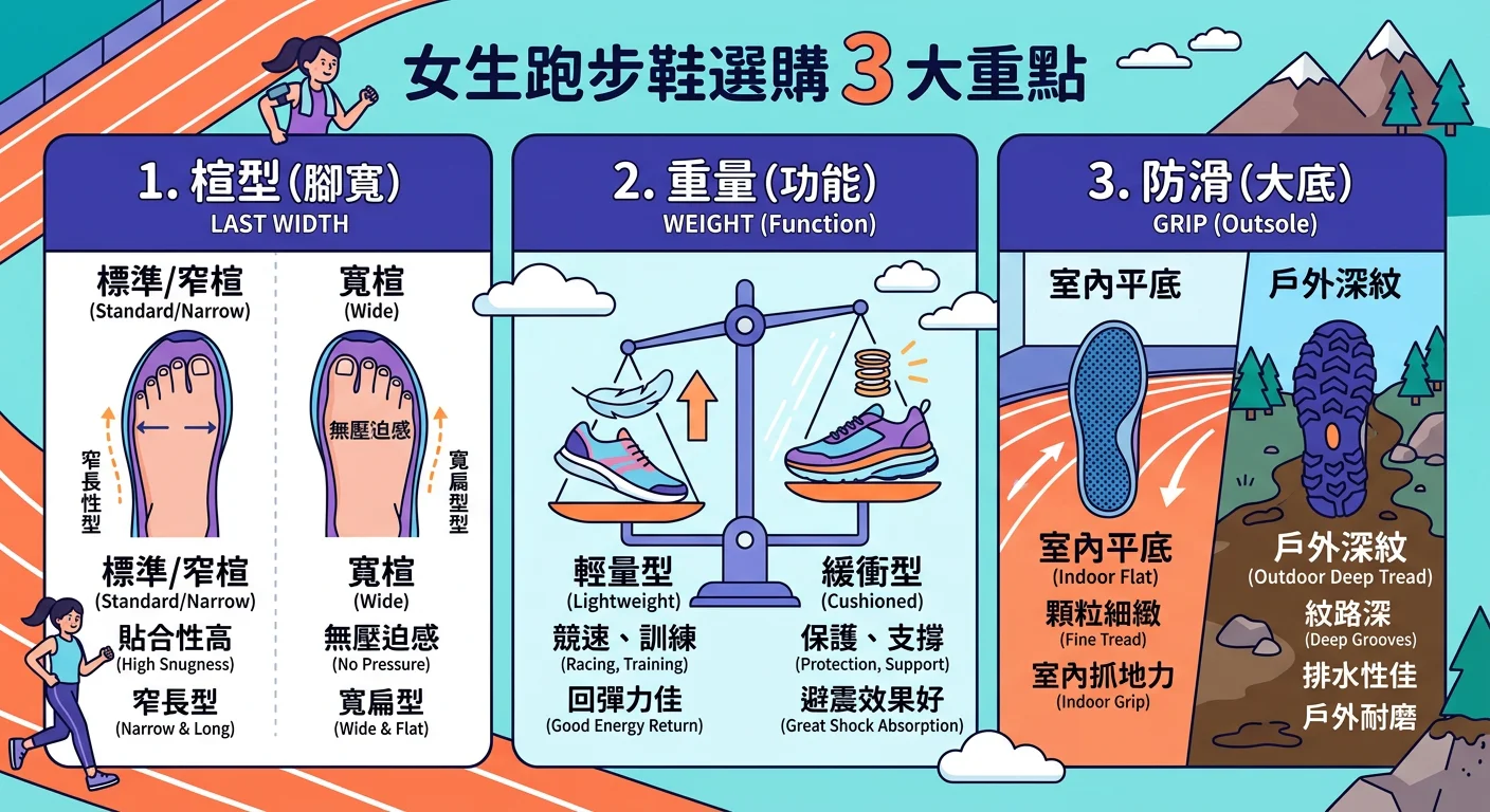 女生跑步鞋選購 3 大重點資訊圖——三個橫向 block,依序標示:楦型(窄楦/寬楦示意圖)、重量(輕量 vs 緩衝型)、防滑(室內平底 vs 戶外深紋),每 block 有圖示和說明文字