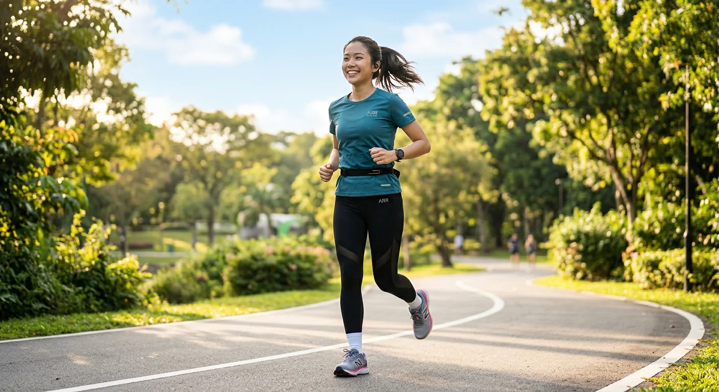 女生穿著 ARR 跑步壓力褲和機能上衣、搭配跑步鞋,戶外晴天慢跑的 lifestyle 照,自然採光,動感舒適