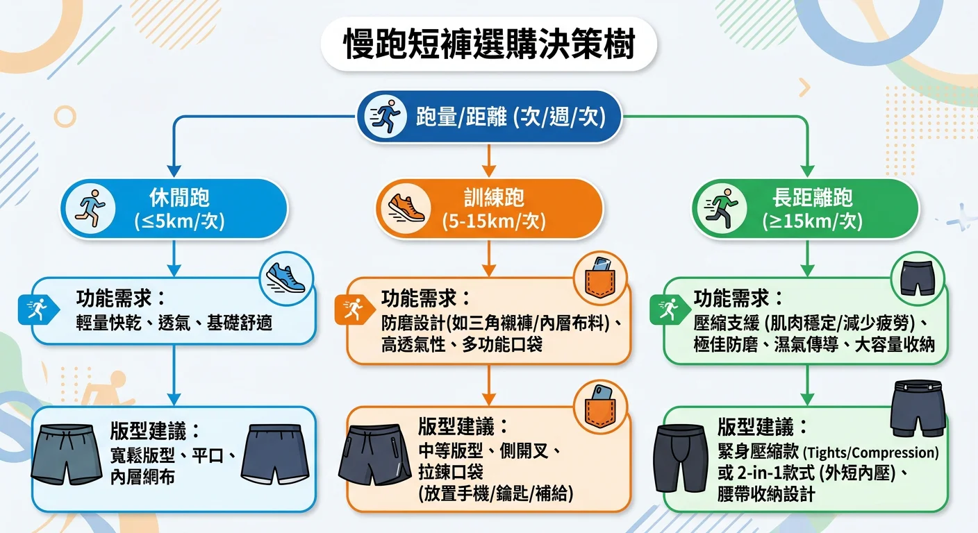 慢跑短褲選購決策樹流程圖，從「跑量/距離」出發，分三個分支：休閒跑（≤5km/次）→ 輕量快乾款，訓練跑（5-15km/次）→ 防磨+口袋款，長距離跑（≥15km/次）→ 壓縮防磨款；每個分支連接到具體功能需求，最後連到版型建議