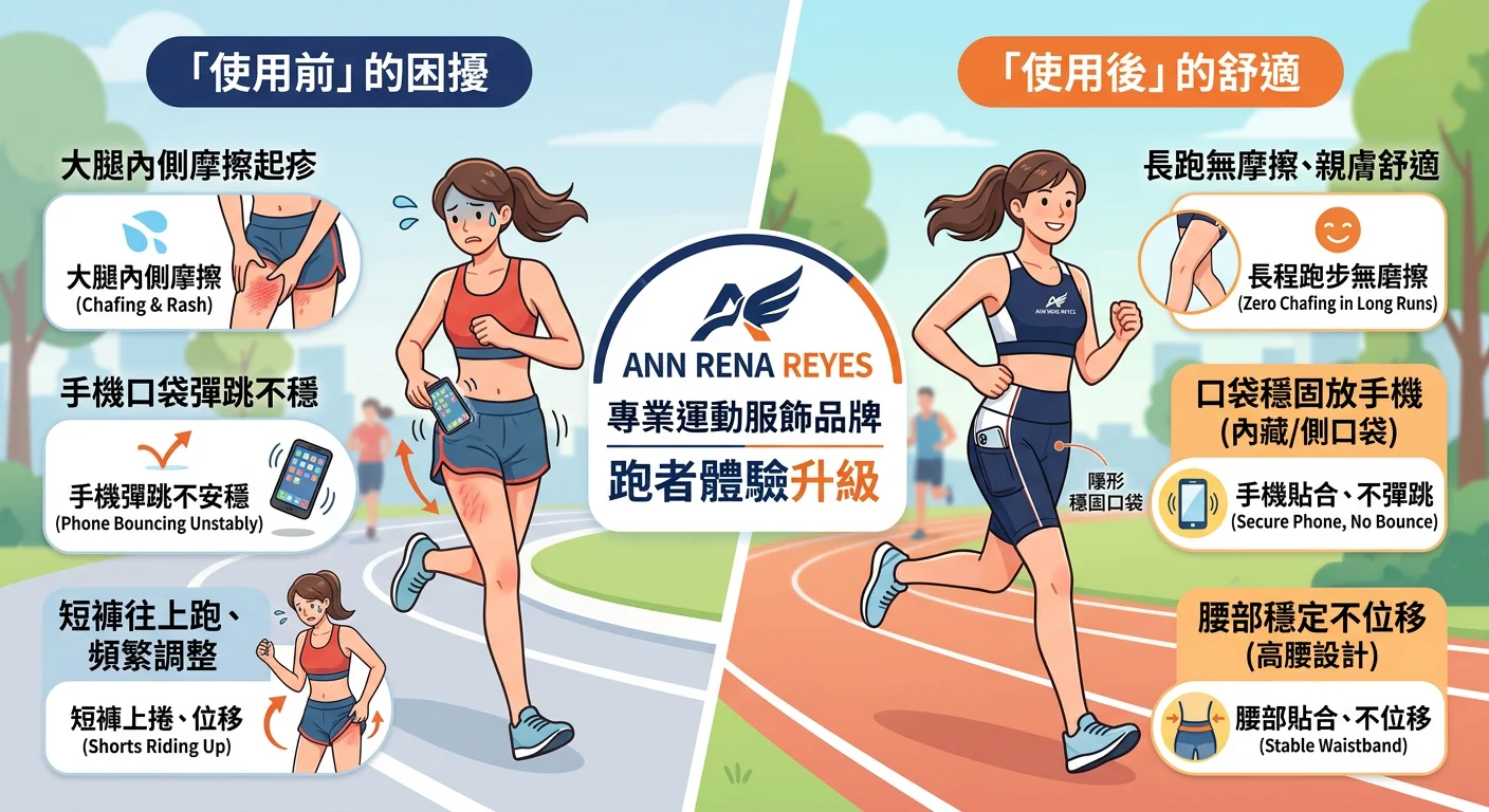 跑者使用前後體驗對比說明圖，左側「使用前困擾」：大腿內側摩擦起疹、手機口袋彈跳、短褲往上跑的圖示；右側「ANN RENA REYES 使用後」：長跑無摩擦、口袋穩固放手機、腰部穩定不位移的圖示；中間品牌 logo，整體風格清爽運動感