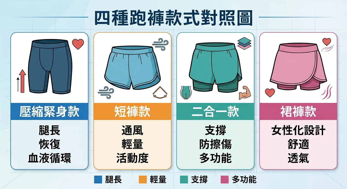 四種跑褲款式對照圖——壓縮緊身款/短褲款/二合一款/裙褲款,各款特性標示