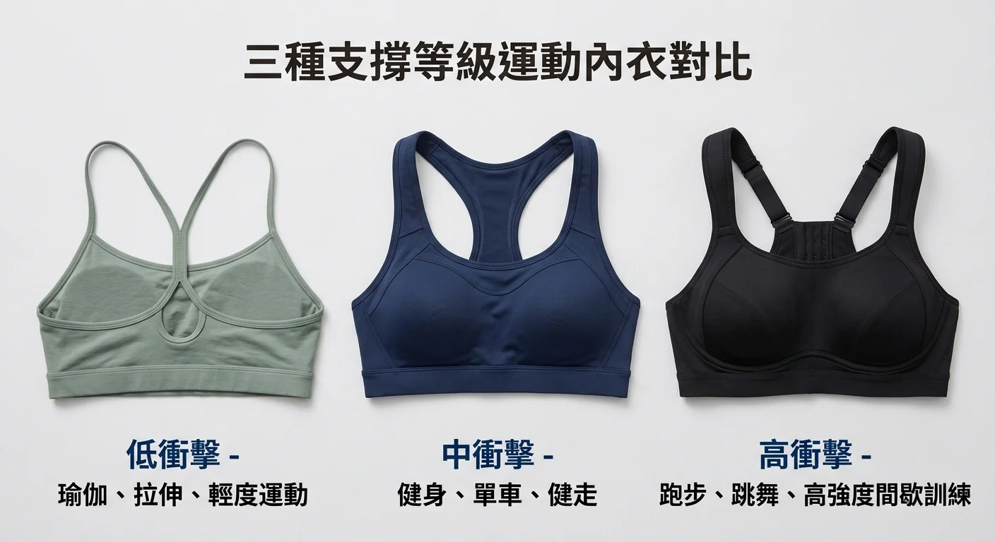 三種支撐等級運動內衣並排對比圖，從左到右分別標示低衝擊/中衝擊/高衝擊，清楚顯示背帶寬度和結構差異，簡潔平鋪產品圖