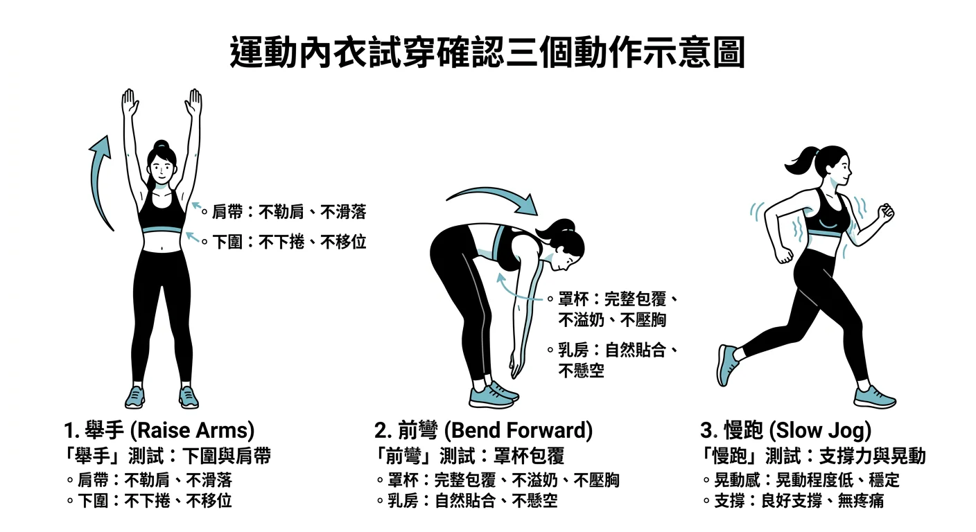 運動內衣試穿確認三個動作的示意圖：舉手、前彎、慢跑，配合簡單的線條插圖說明，乾淨白底設計