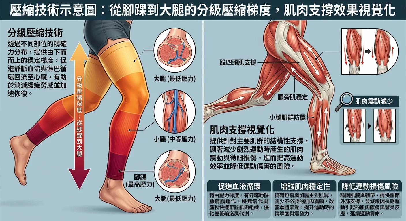壓縮技術示意圖:從腳踝到大腿的分級壓縮梯度,肌肉支撐效果視覺化