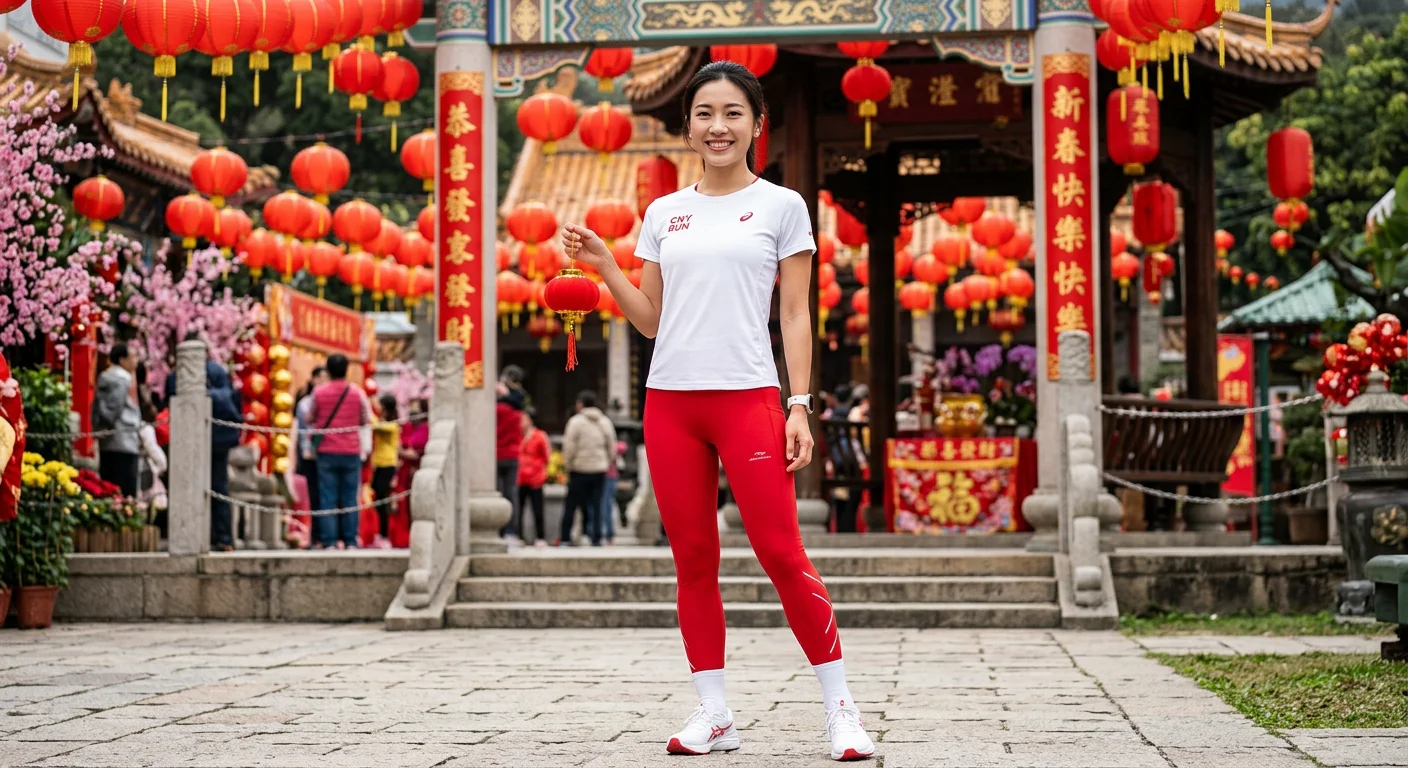 春節主題運動穿搭:亮紅色壓力褲搭配白色機能上衣,背景是紅色燈籠裝飾的戶外場景,穿搭清爽有節慶感但不誇張