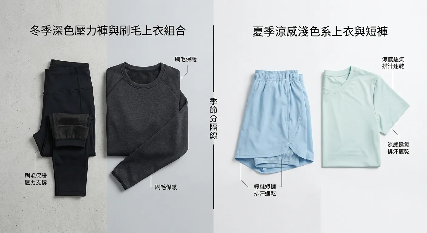 ANN RENA REYES 產品系列平面展示:左側是冬季深色壓力褲與刷毛上衣組合,右側是夏季涼感淺色系上衣與短褲,中間用季節分隔線區分,乾淨簡潔的品牌風格